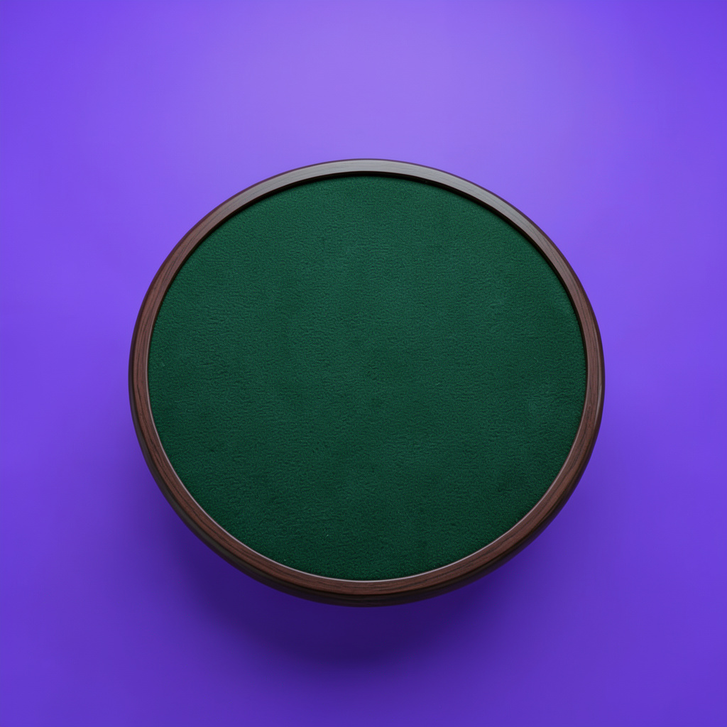 A clean architectural photograph with strong symmetry: a softly lit circular table surface in deep green felt, surrounded by an elegant dark wood rim.