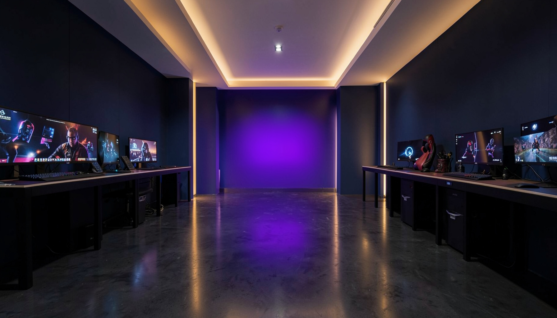 A clean architectural photograph with strong symmetry: a wide shot of an elegant gaming lounge interior with deep navy walls, warm amber accent lighting, and a polished dark floor reflecting soft overhead glow.
